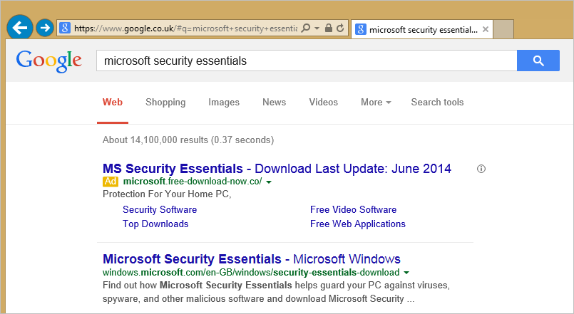 Screenshot of a typical google search